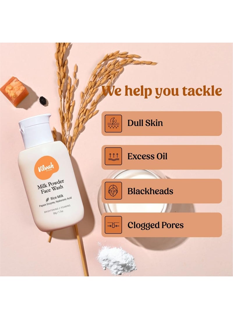 Vilvah Store Milk Powder Face Wash | Gentle Exfoliation & Deep Cleansing | Enriched with Rice Milk, Rice Silk,Rice Powder | For Normal to Oily & Acne Prone Skin | Unscented | Men & Women | 50G - Image 3